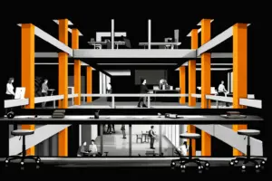Bausymposium St. Gallen; Illustration Bürogebäude (orange/schwarz)