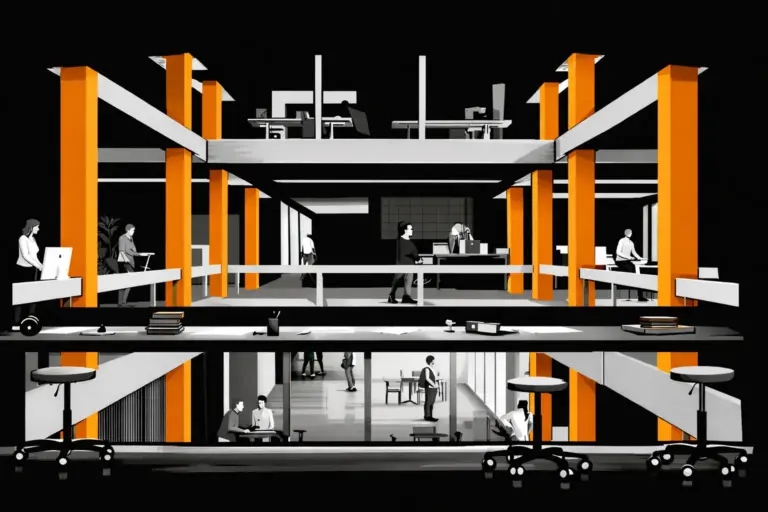 Bausymposium St. Gallen; Illustration Bürogebäude (orange/schwarz)